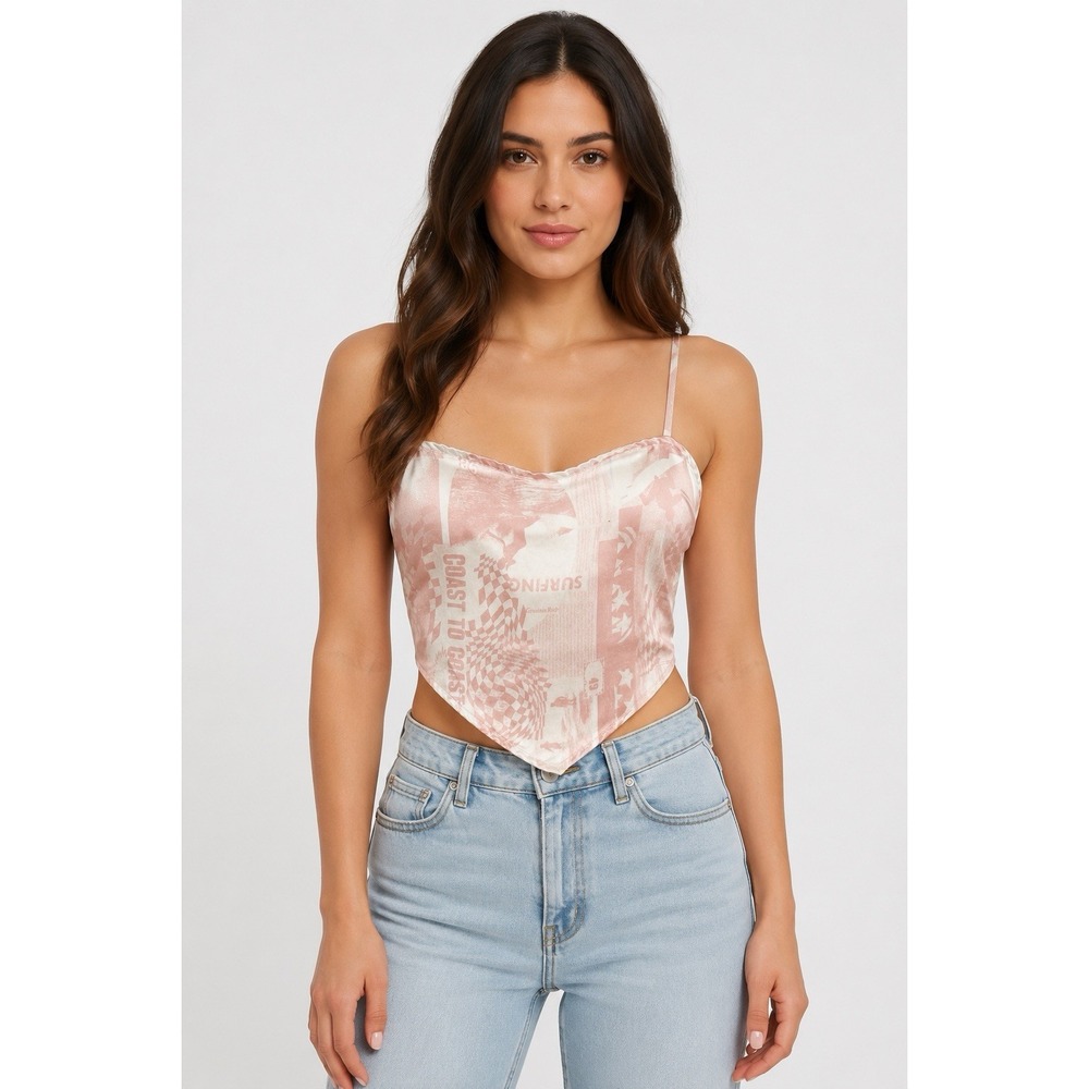 LA Hearts Satin Corset Crop Top M Pink Racing Checkered Y2K Tie Back Cami